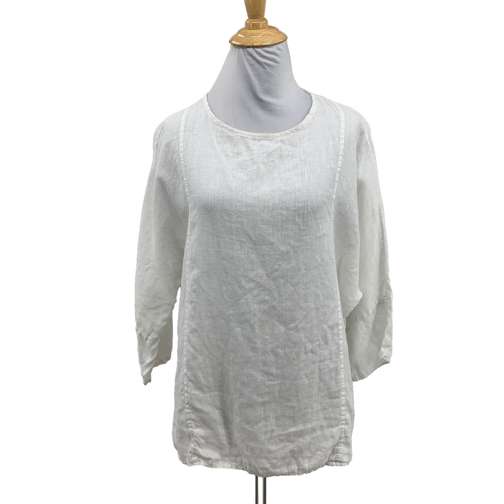 Viola Borghi Blouse Womens L Large White Linen 3/4 Sleeve Round Neck Made Italy